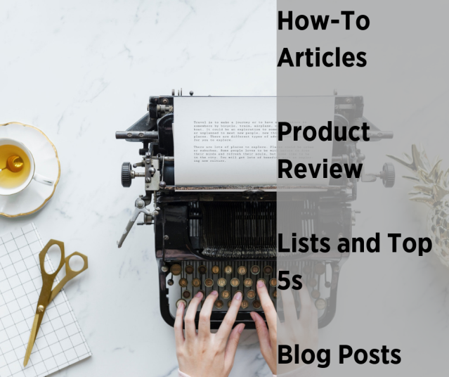 How-to articles, product reviews, lists, and blog posts are content writing examples. 
